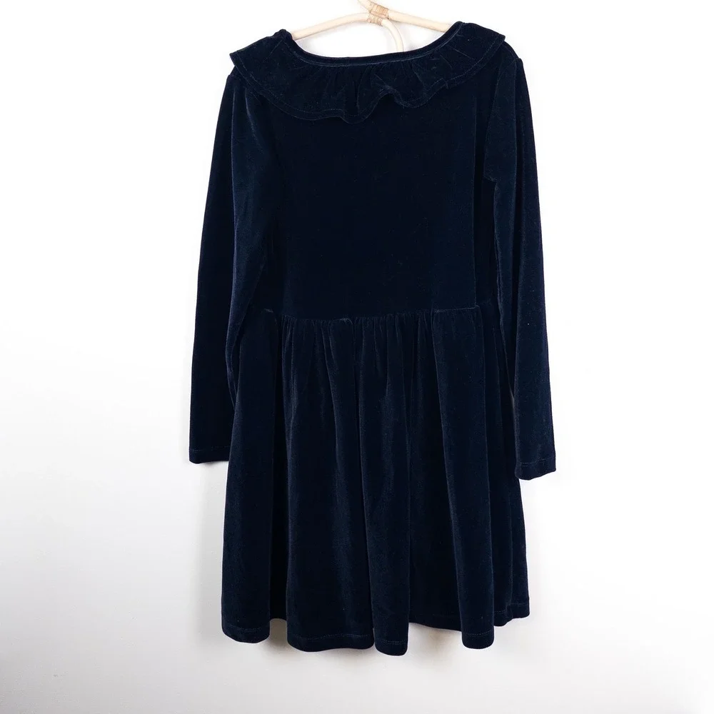 Molo Cyanne‎ Dress Kids 7-8 Navy Blue Velour Ruffle Collar Long Sleeve